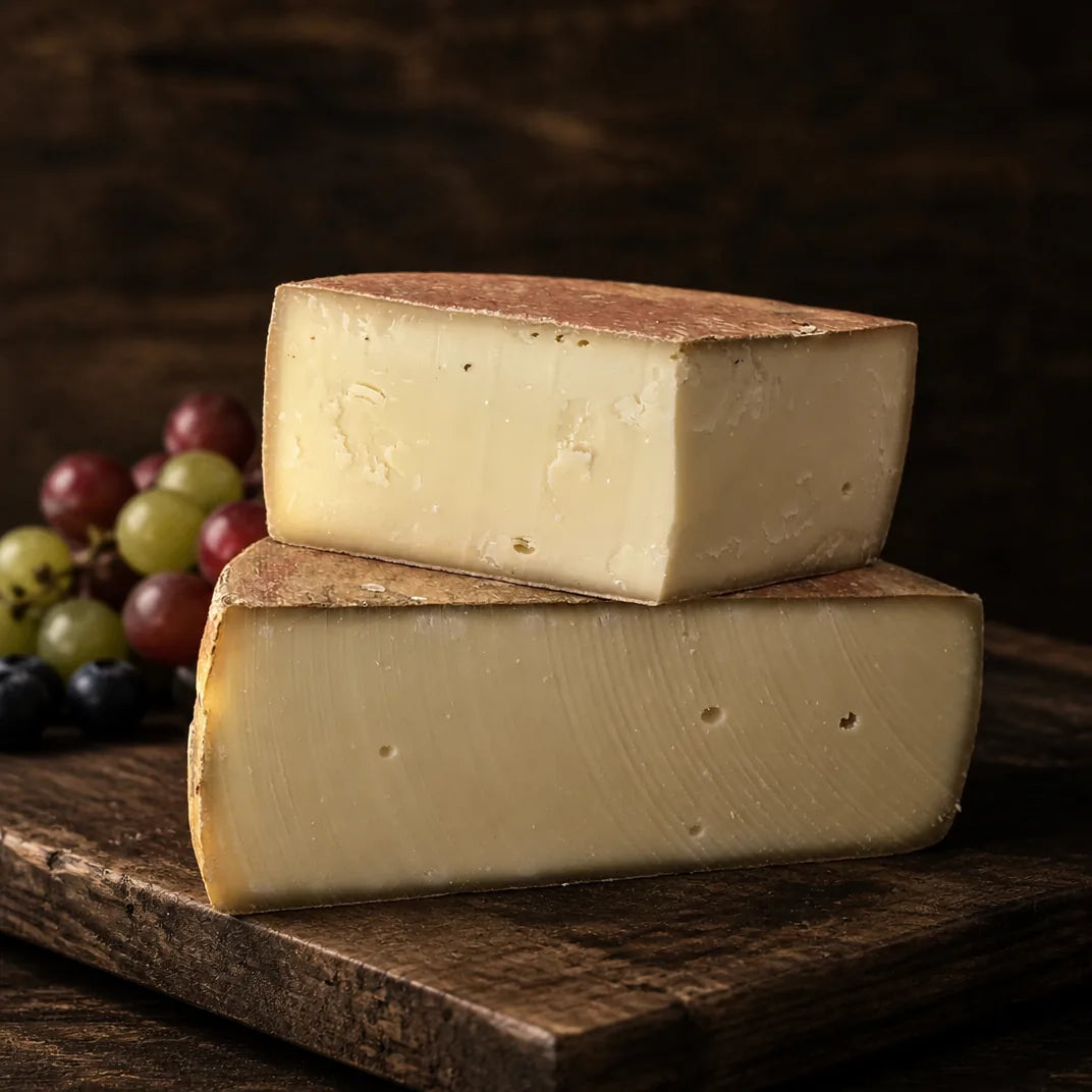 Angeschnittener Thurgauer Extra Rezent, Schweizer Hartkäse mit rötlicher Rinde und cremig-gelbem Teig, gestapelt auf dunklem Holzbrett mit Trauben und Heidelbeeren.